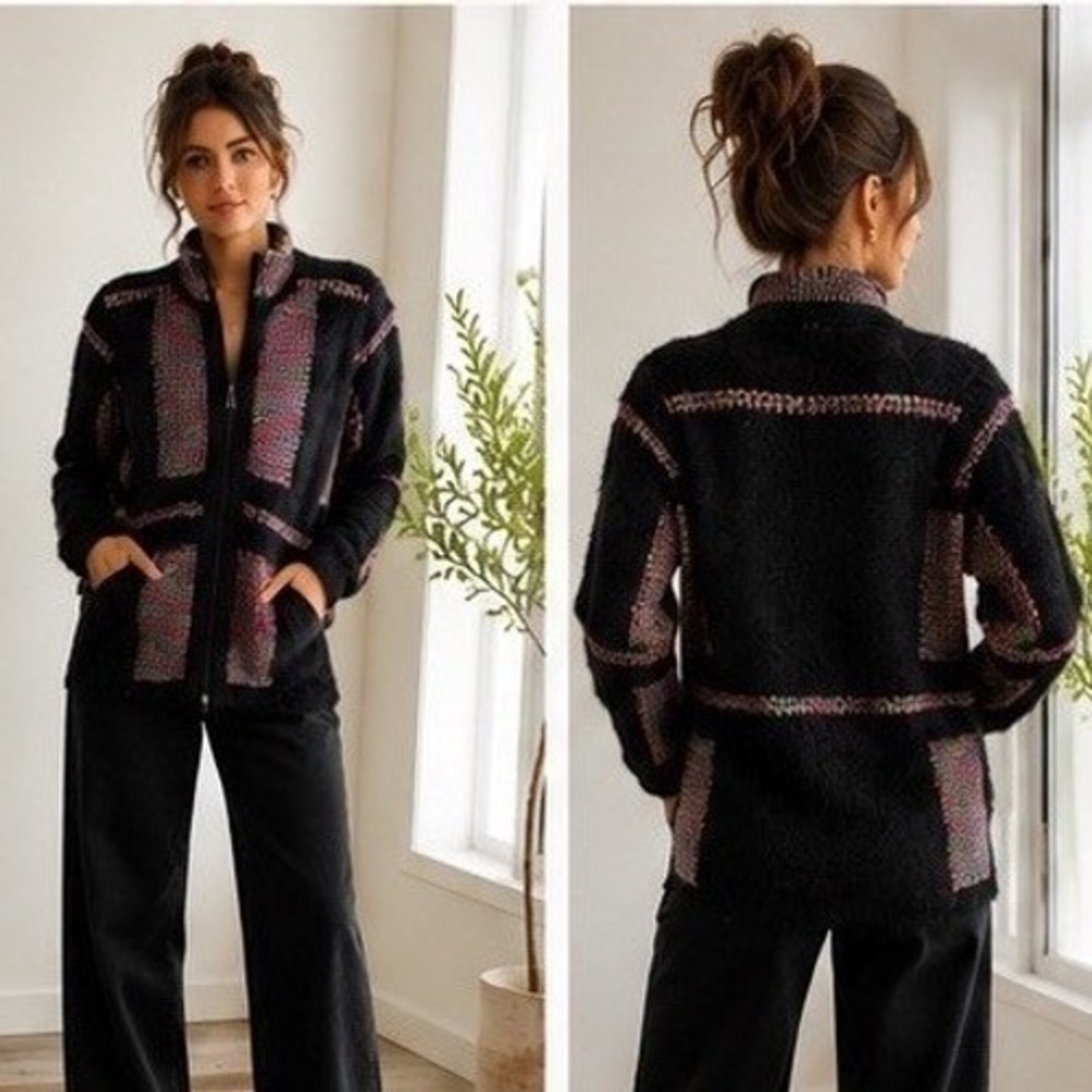 Alison Sheri Zip Up Cardigan Womens Large Black Multi Color Eyelash Knit